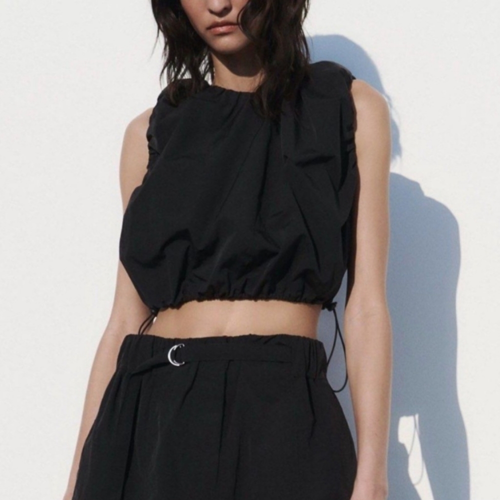 Zara Parachute Bubble Hem Drawstring Cropped Top